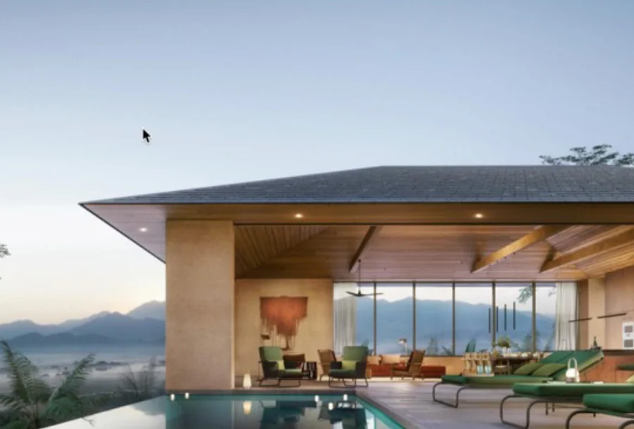 Fachada de villa de lujo con iluminación y piscina